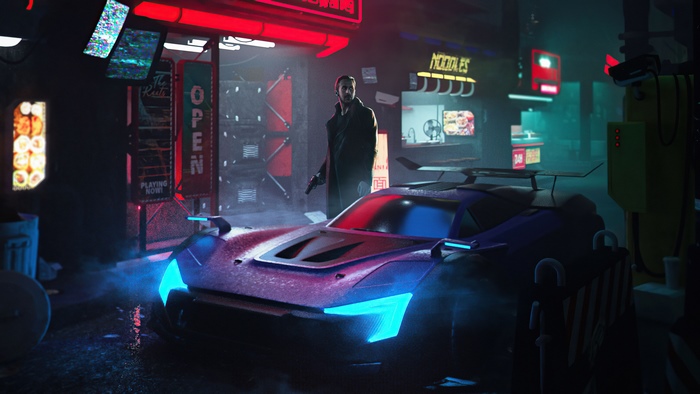 Ryan Gosling as K from Blade Runner 2049 with a car