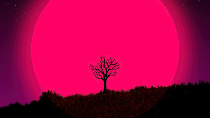 Silhouette tree against a large pink sun