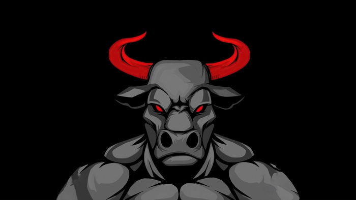 Minimalist artwork of a bull with red horns