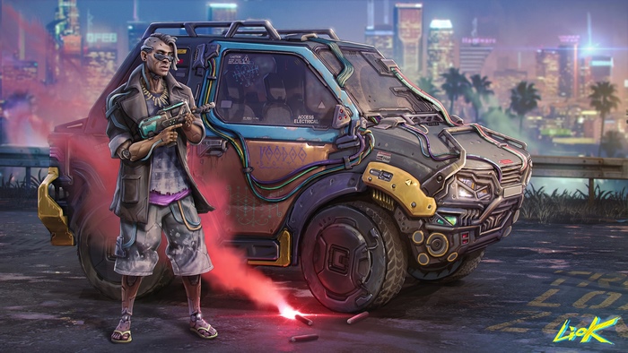 Man with gun and futuristic car in cyberpunk city