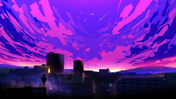 Digital art of a lone figure overlooking a city at sunset