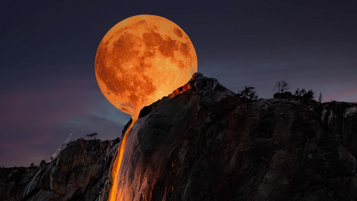 Moon over Yosemite National Park with lava flow