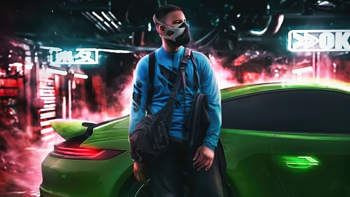 Cyberpunk man with mask and green Porsche