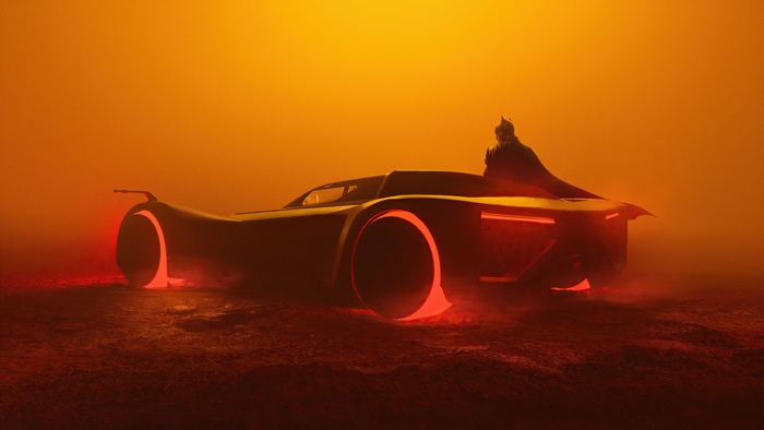 Batman and Batmobile in orange fog