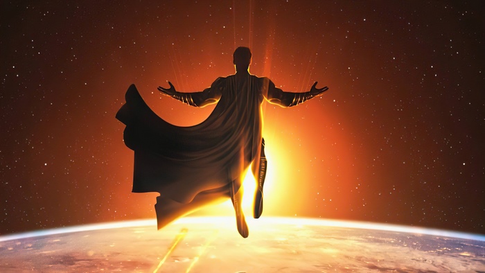 Superman flying over Earth with sun and stars in background