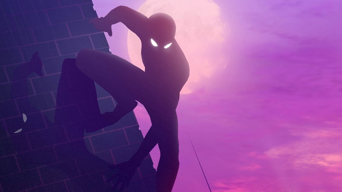 Spider-Man climbing a brick wall at night