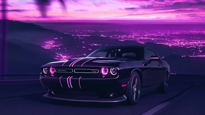 Dodge Challenger with Neon Vaporwave Aesthetic