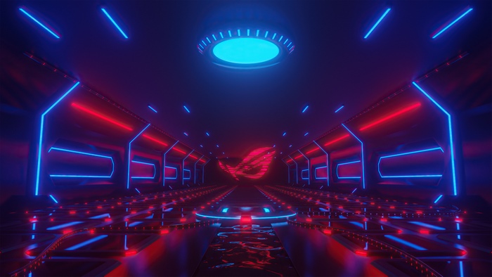Republic of Gamers hallway with red and blue neon lights