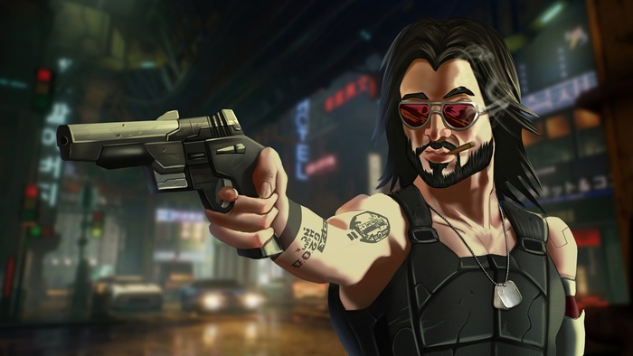Man with gun from Cyberpunk 2077