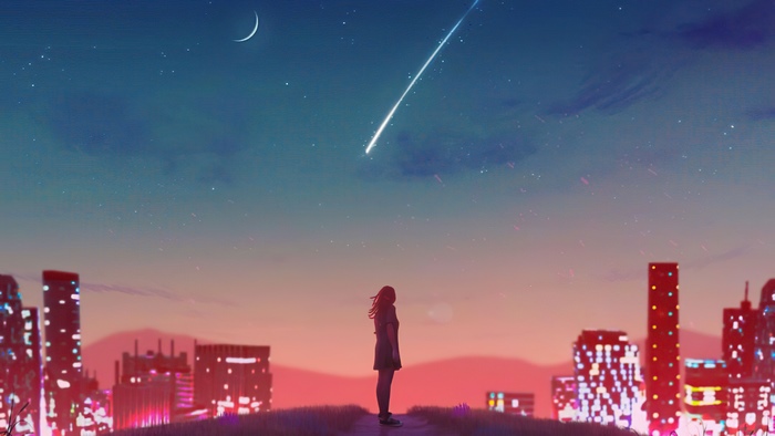 Girl watching shooting star over city skyline
