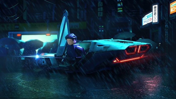 Lego character in a futuristic car in the rain