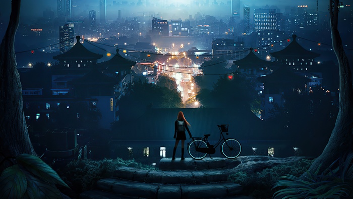 Girl with bicycle overlooking city at night