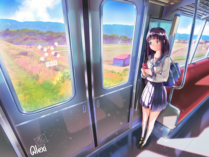 Anime girl on a train looking out the window