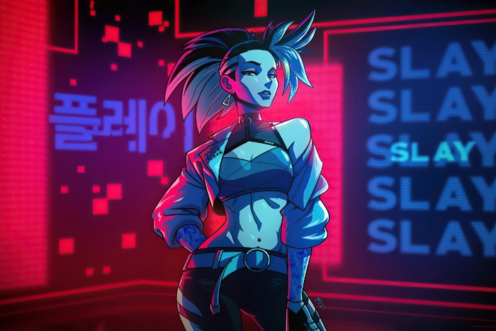 Akali from League of Legends in neon city