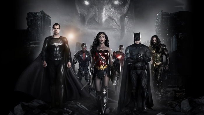 Justice League with Superman, Batman, Wonder Woman, Aquaman, Cyborg, Flash, and Darkseid