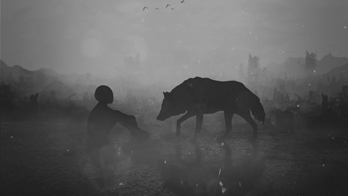 Silhouette of a child and a wolf in a desolate landscape