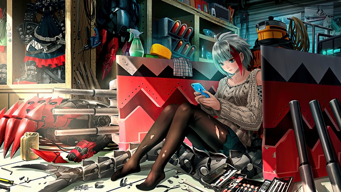 Anime girl with blue phone in workshop with mecha parts
