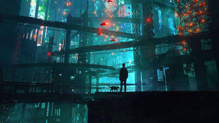 Sci-fi cityscape with a person and a cat