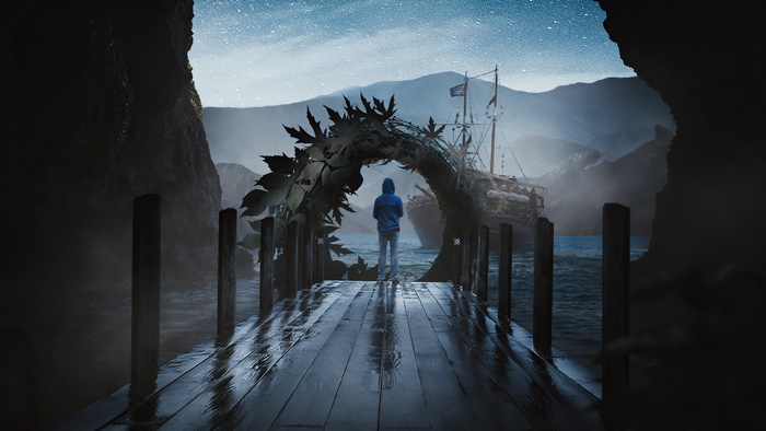 Person in hoodie on a dock with a ship