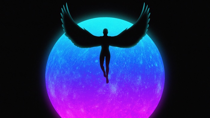 Silhouette of an angel with wings in front of a glowing planet