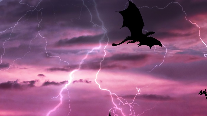 Dragon flying through a stormy sky with lightning