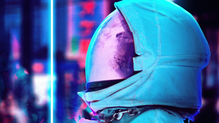Astronaut in a neon-lit city