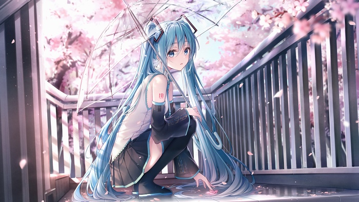 Hatsune Miku with Umbrella under Cherry Blossoms 4K