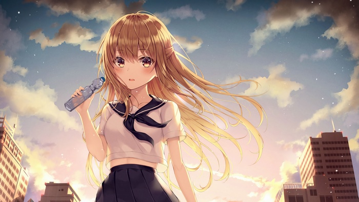 Anime girl in school uniform holding a bottle