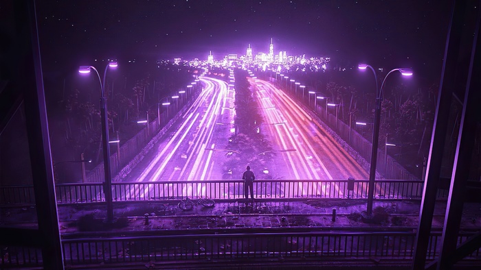 Person on bridge overlooking city skyline at night