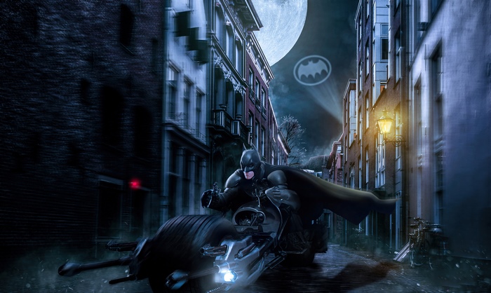Batman on Batpod in a dark alley with moon