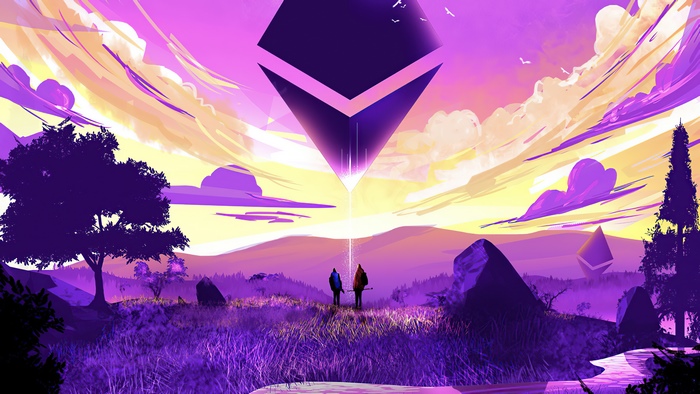 Digital Art of Two Figures Under a Giant Geometric Shape