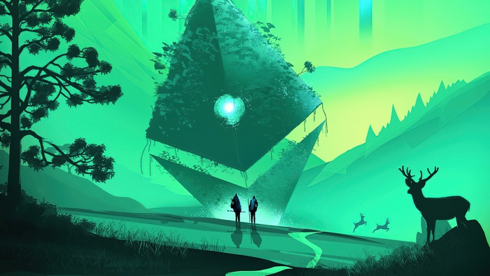 Two figures stand before a massive, overgrown alien monolith in a green landscape with deer