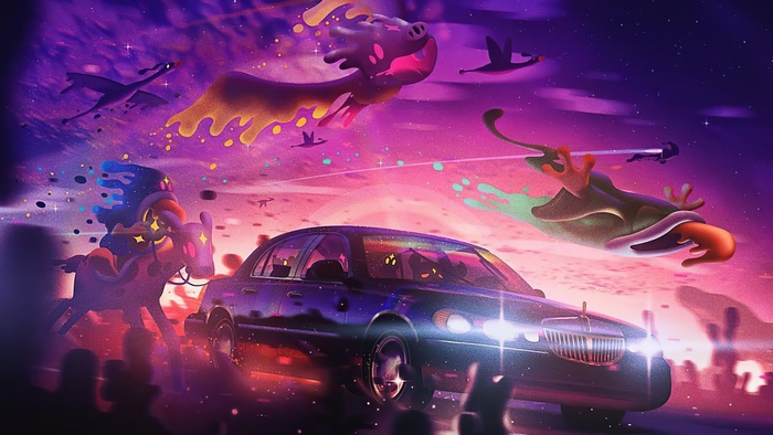 Surreal car ride with fantastical creatures