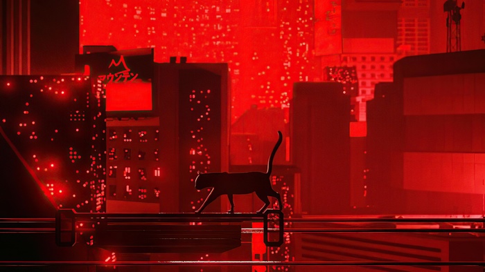 Silhouette of a cat walking on a railing in a red futuristic city