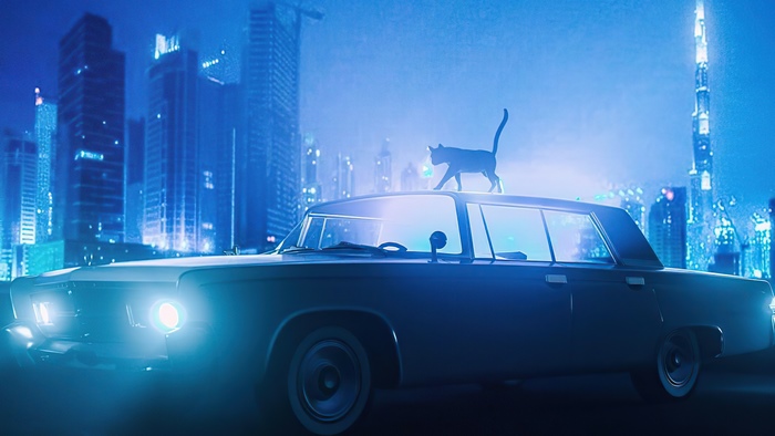 Cat on a car in a futuristic city