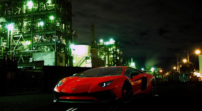 Red Lamborghini Aventador at Industrial Site at Night