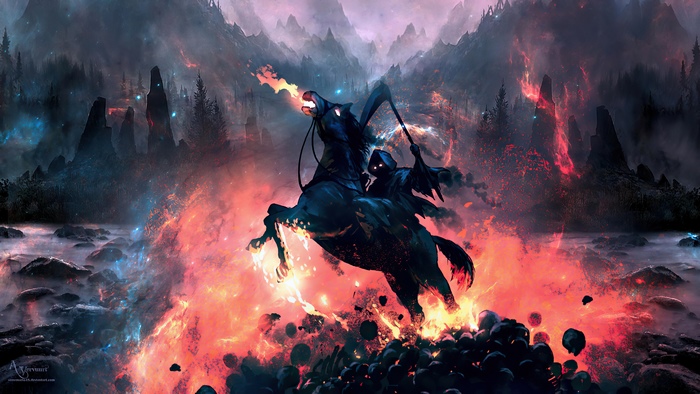 Grim Reaper on a fiery horse with scythe