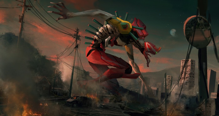 Evangelion Unit-02 in a destroyed city