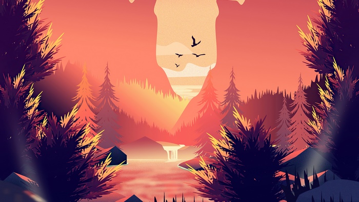 Minimalist forest landscape with mountains and birds