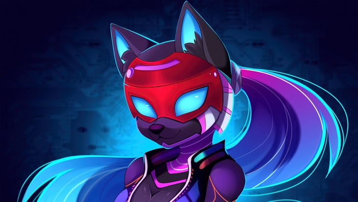 Cyberpunk fox character with red mask and blue eyes