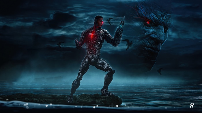 Cyborg from Justice League in front of a monster