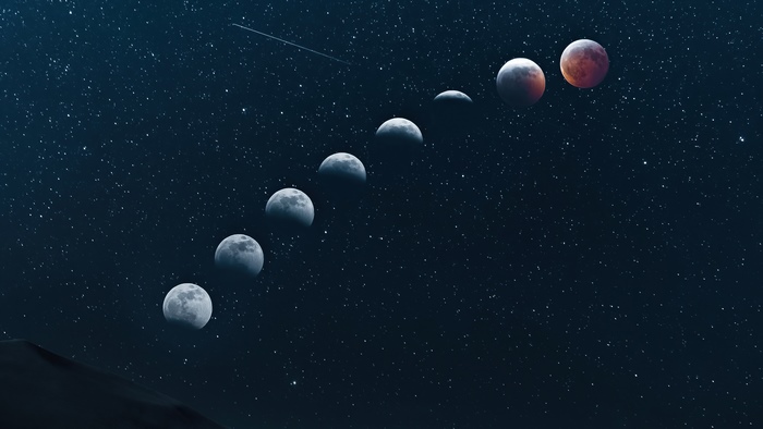 Moon phases during a lunar eclipse in a starry night sky