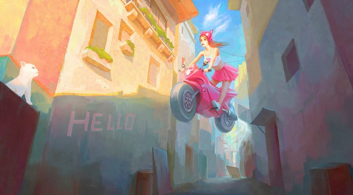 Girl on pink scooter in alley with cat
