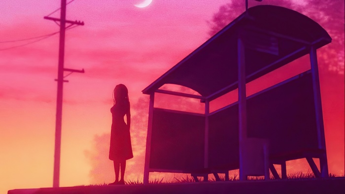 Girl at bus stop with moon and power lines