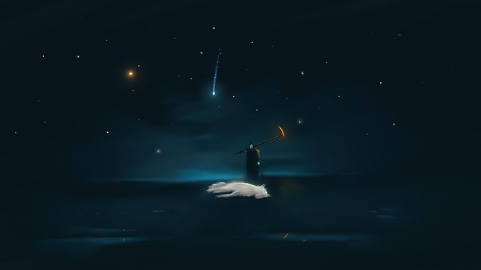 Grim Reaper with a scythe and a wolf under a starry sky