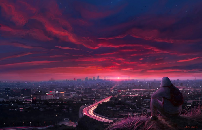 Person in hoodie watching city sunset artwork