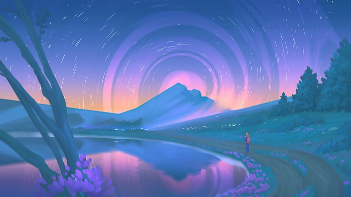 Digital art of a mountain landscape with star trails