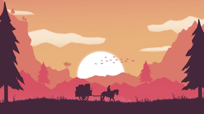 Minimalist horse and cart at sunrise