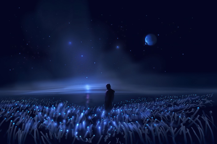 Person in glowing field under starry sky with moon