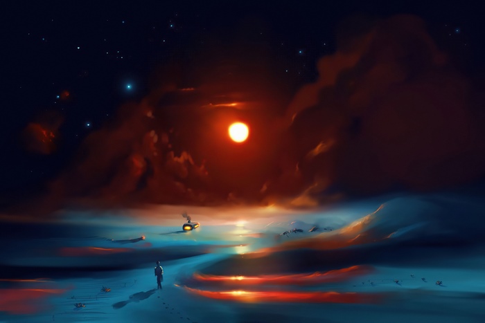Digital art of a lone figure on an alien planet